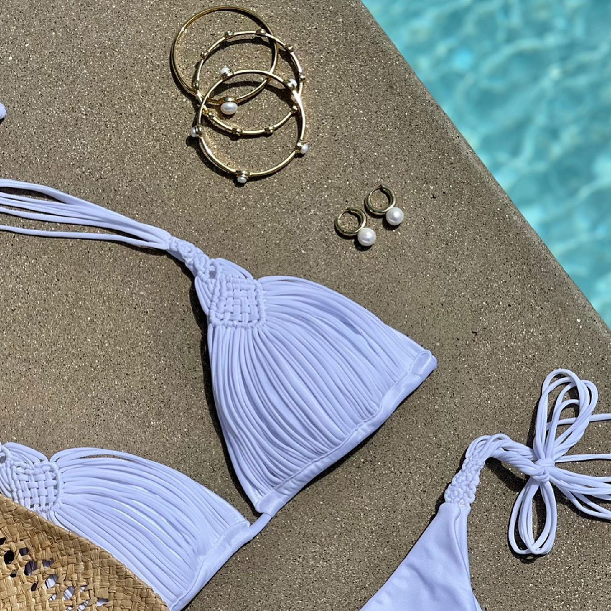 bandage strip Brazilian bikini swimsuit womens woven rope swimsuit two-piece set womens sexy unprinted beach wear summer 250109