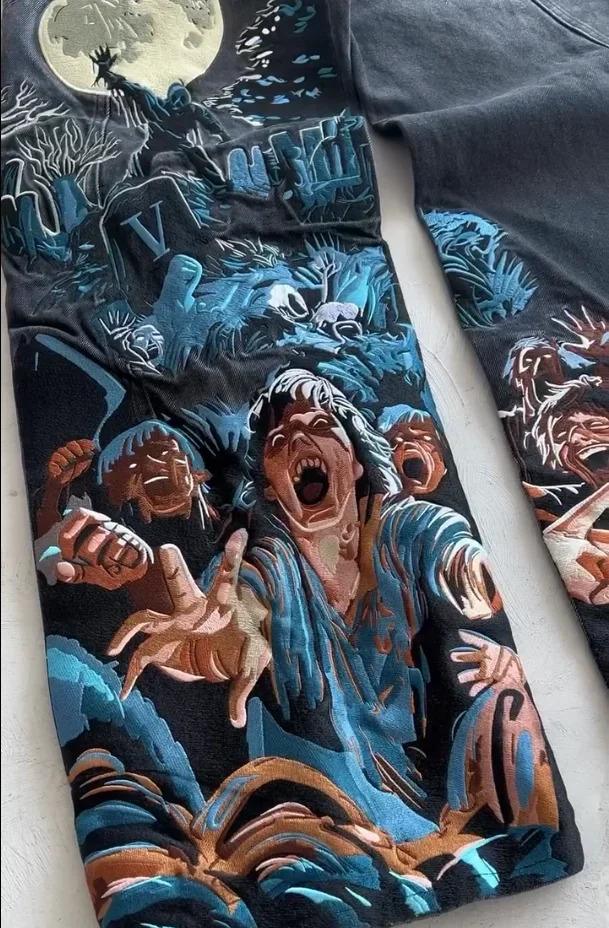 Y2k Thriller Pattern Hip Hop Embroidery Baggy Jeans Women Gothic Streetwear Straight Patchwork Black Retro Denim Men Clothes 250310