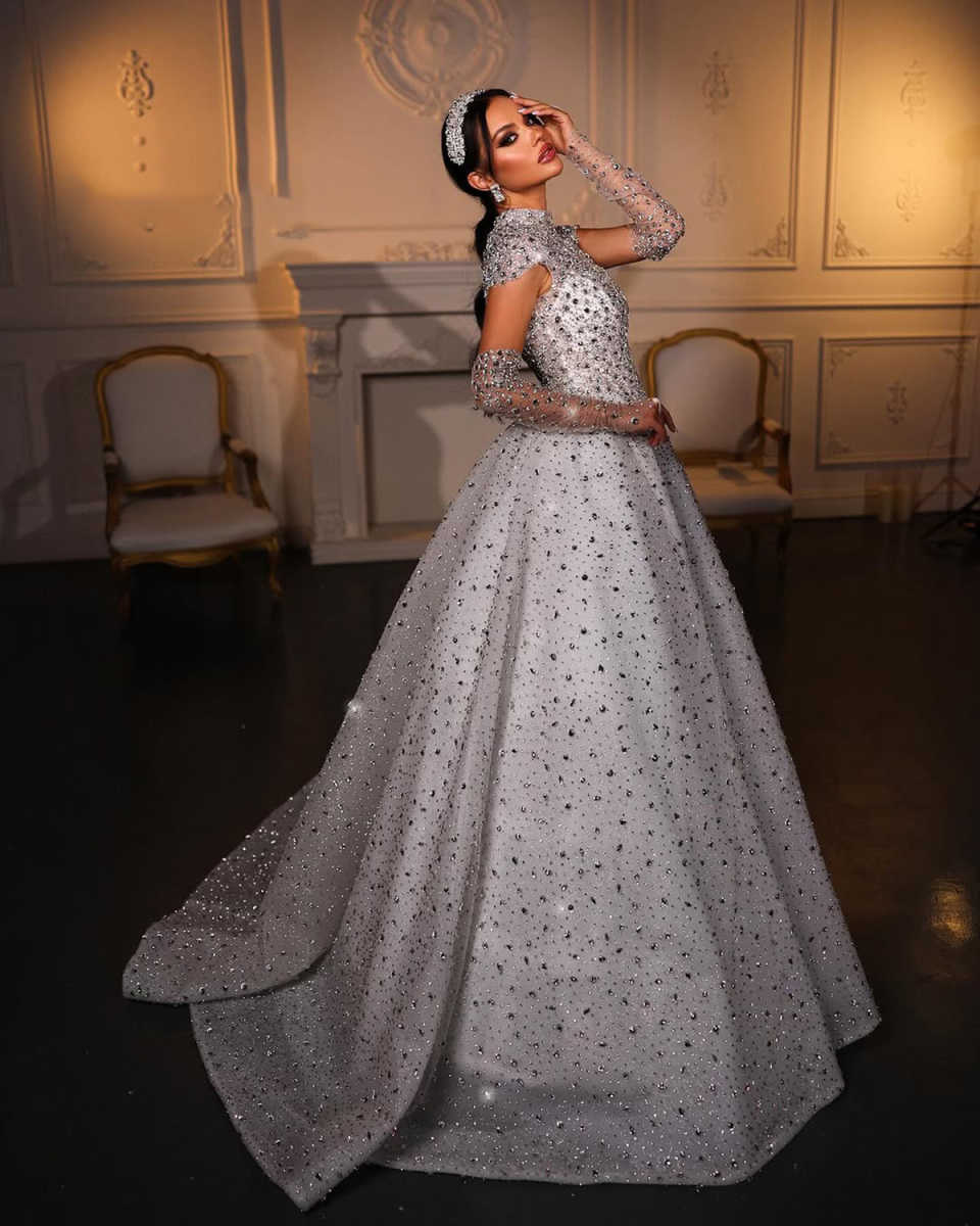 Heavy Handmade Beading Wedding Dresses Sparkly High Neck Removable Long Sleeve Bridal Gowns Sexy Bride Dress Customized
