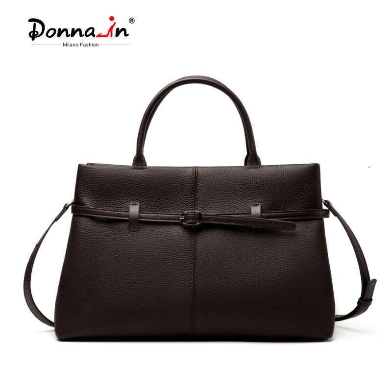 Donna-in Leather Top Handle Tote Bag for Work First Layer Full Grained Cowhide Handbag Sier Hardware with Shoulder Strap