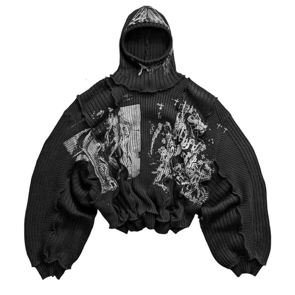 American style personalized and trendy heavy-duty printed knitted with street graffiti design, loose fitting hooded unisex sweater
