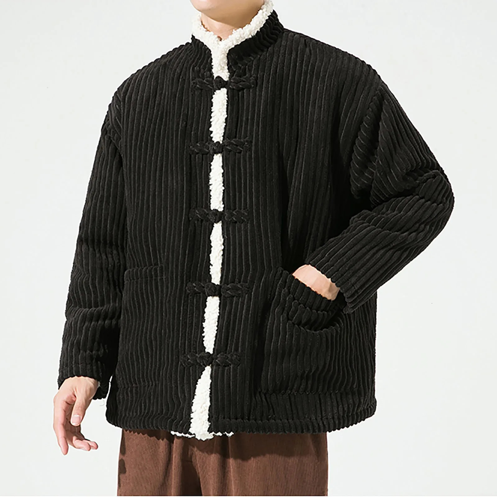 Chinese style mens warm spring festival long sleeved thick cotton jacket winter plush stand collar coral coat 250312