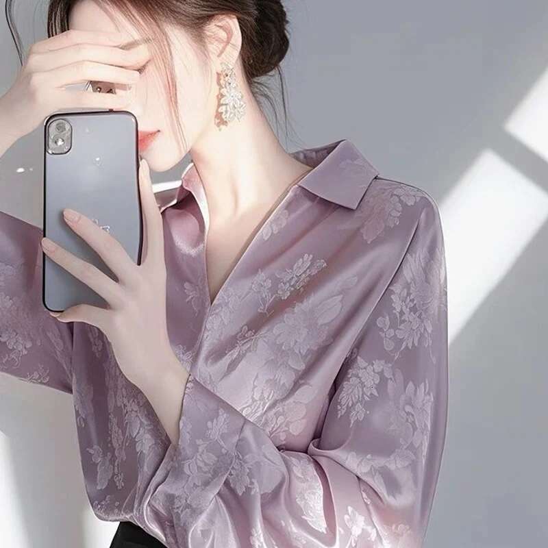 2025 Spring New Elegant Satin Jacquard Shirts Ladies Fashionable V-Neck Long Sleeve Blouse Women Clothing All-Match Top Tee