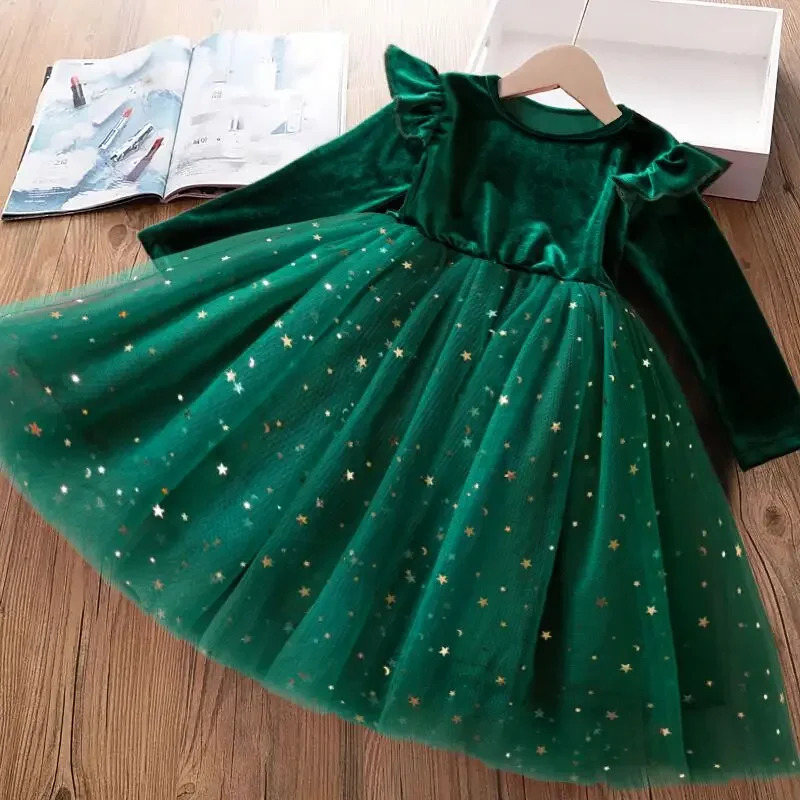 Red Christmas Dress for Baby Girls Winter Long Sleeve Mesh Dresses for 3-8Yrs Kid Star Sequin Birthday Party Princess Dress 250311