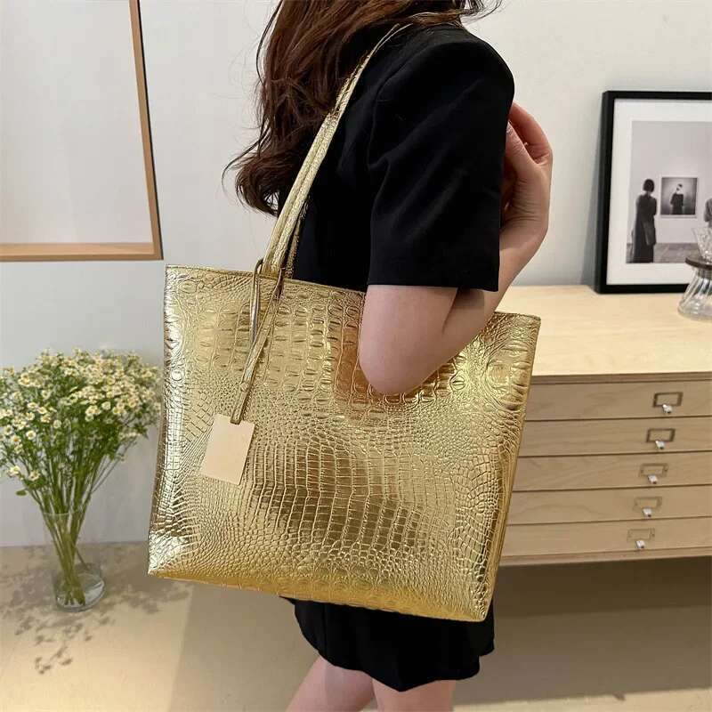 Fashion Casual Women Shoulder Sier Gold Black Crocodile Handbag PU Leather Female Big Tote Bag Ladies Hand Bags Sac
