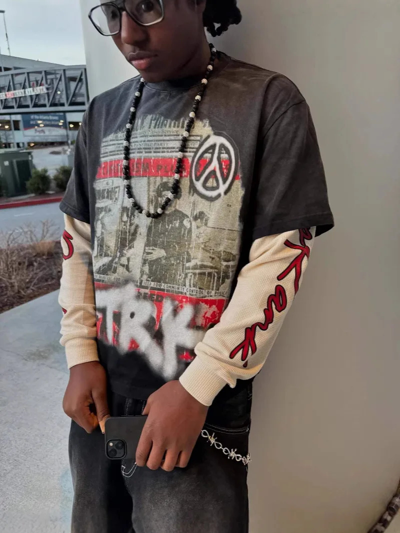 Y2K street graffiti print T-shirt American punk unisex pullover top hip-hop round neck crop top 250310