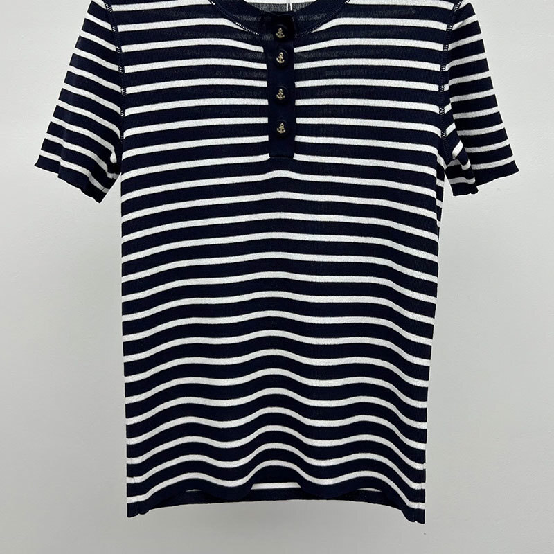 Women's Cashmere Striped Short Sleeve T-Shirt Designer Round Neck Button Detail Loose Fit Knit Tees Trendy Sexy Early Spring Fashion Luxury High-