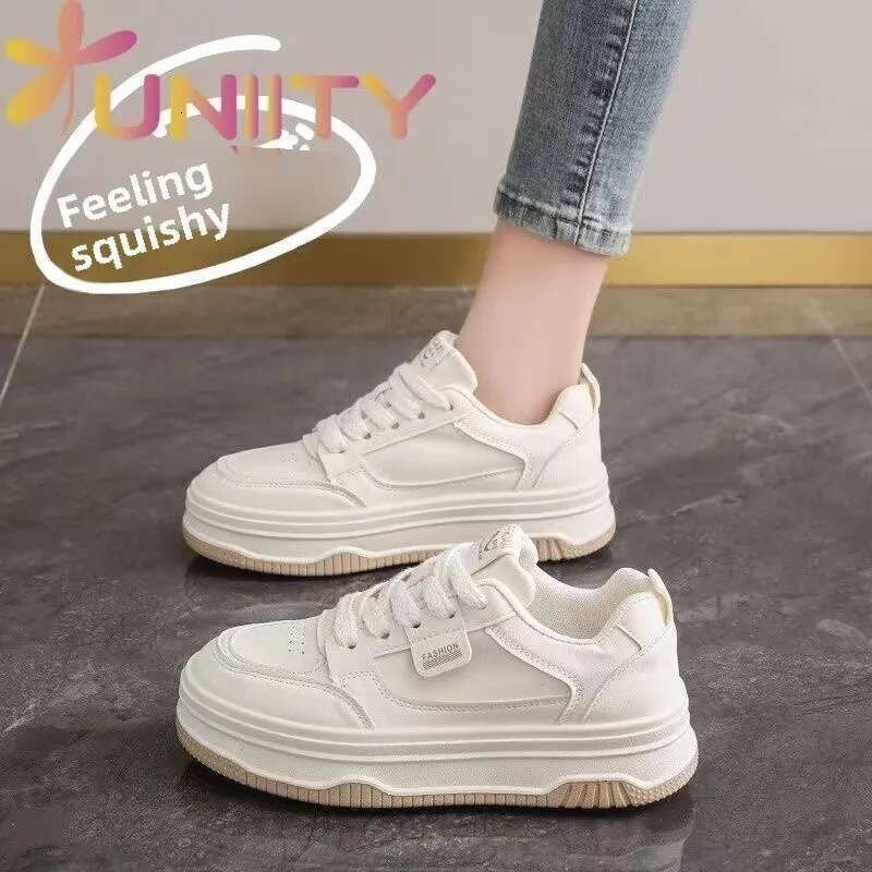 New Women's 2025 Sponge Cake Thick Bottom Small White Casual Sports Breathable Color Block Board Shoes Wholesale