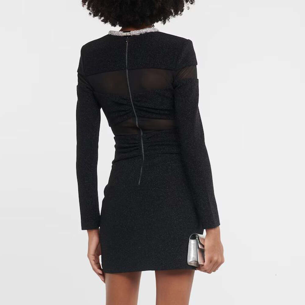 2024 New Butterfly Knot Mesh Diamond Strip Bandage Dress Black Hip Wrapping Long Sleeve Half Transparent Women's Clothing Spring