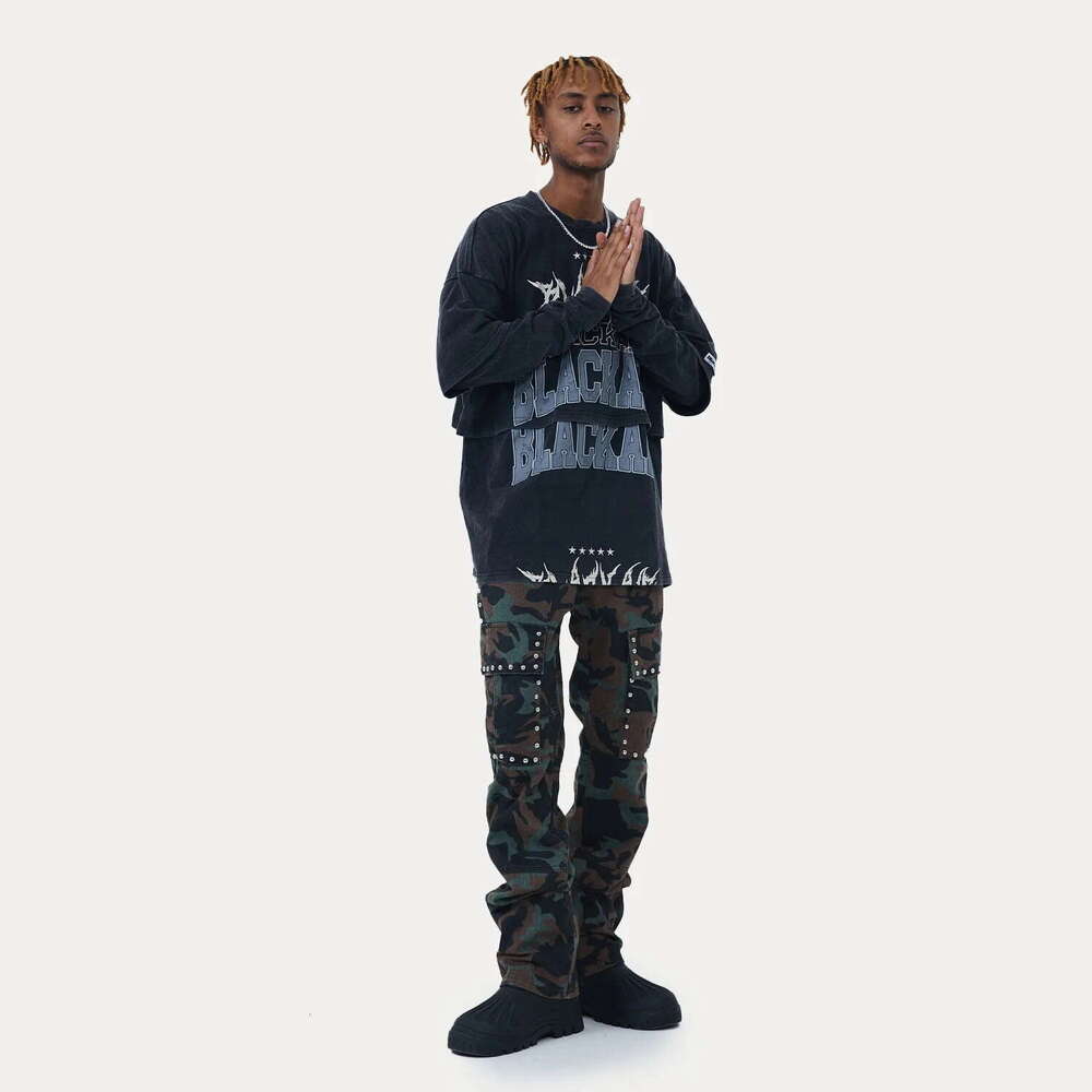 Hip hop long sleeved men's loose fake two-piece T-shirt autumn street wear cotton Harajuku top