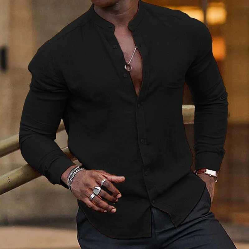 Mens summer shirt beachwear button up shirt stand up collar shirt black and white pink long sleeved summer Hawaii 6XL W250312