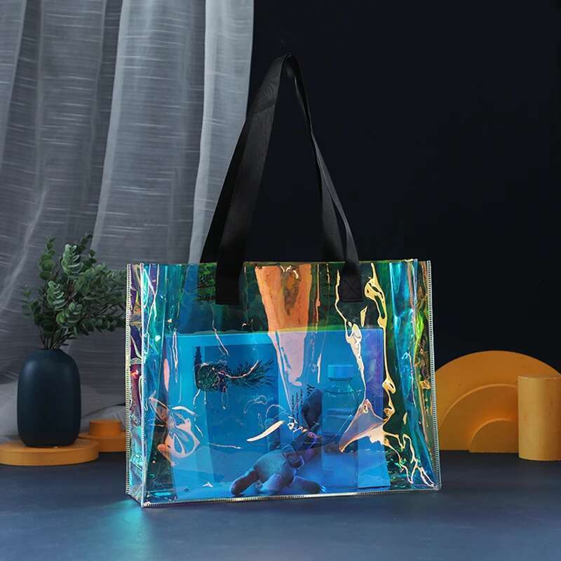 Iridescent Custom Pattern Holographic Transparent Waterproof Shoulder Tote Jelly Hand Carrying Gift Bag PVC Plastic