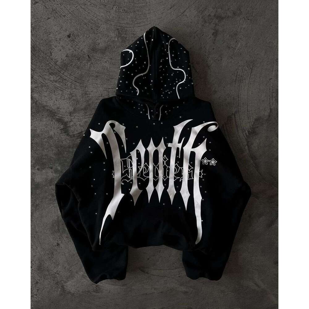 Dark letter printed with gothic style, personalized street Harajuku trend, loose fitting unisex hoodie