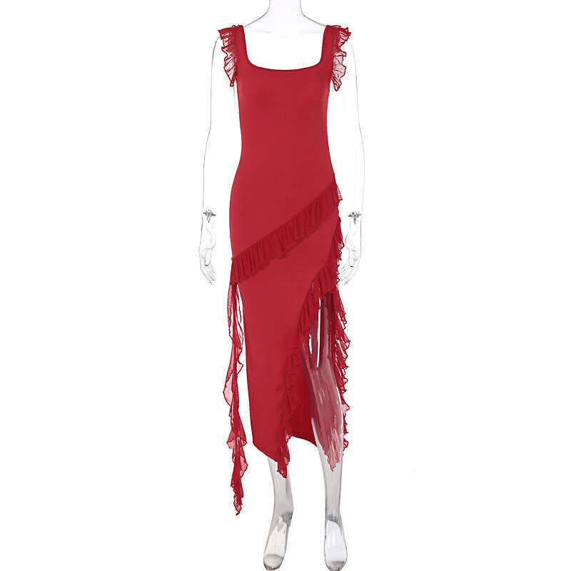 European American style women's summer autumn fashionable sexy mushroom edge splicing temperament slit dress 2025 new casual and versatile fashio