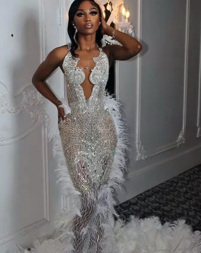Customized Sparkg Diamante Feather Mermaid Prom Dresses New 2025 Sexy Backless Black Girls Evening Gowns