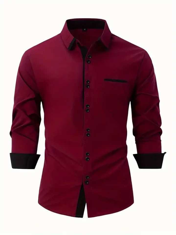 Mens Business Casual Cotton Shirt with Pocket Color Matching Lapel Comfortable Long Sleeve Top for Holiday W250312