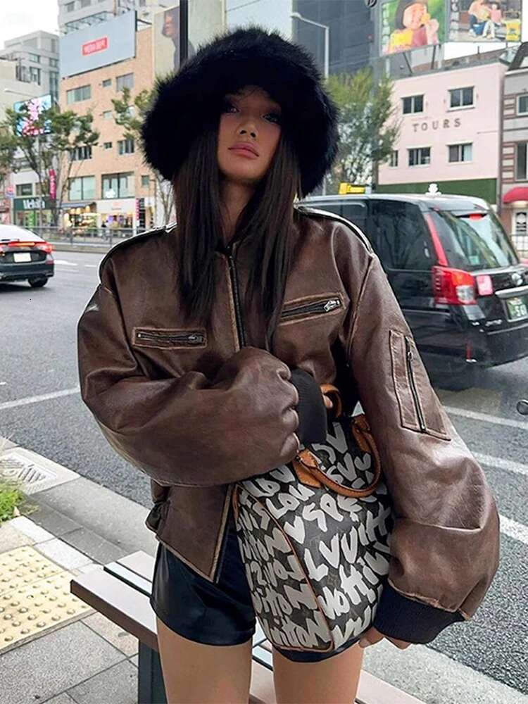 Vintage Made Old Leather Jacket Classic Wipe Color Motorcycle Jackets Women Denim Short Coat French Fashion Overcoat Top