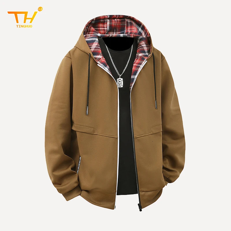 Mens Jacket Hoodie Spring and Autumn Fashion Casual Checkered Sports Shirt Solid Color Coat Street Clothing 250312