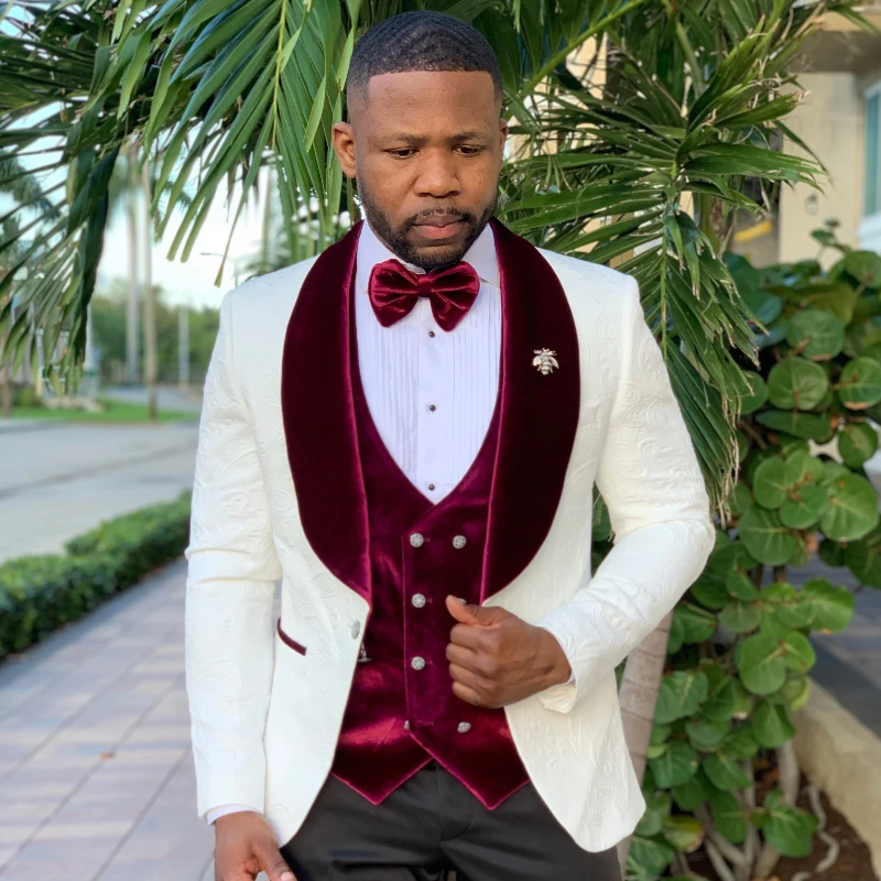Jacquard Men Suits for Wedding Slim Fit 3 Piece Floral Groom Tuxedos Formal Suit Party Blazer with Vest Pants Costume Homme 2025