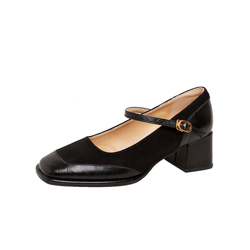 Cowhide Edition~High Heels Women's Spring and Autumn New Style Square Head Bottom Black Short French Thick Heel Mary Jane Single Shoes #ddmypanda