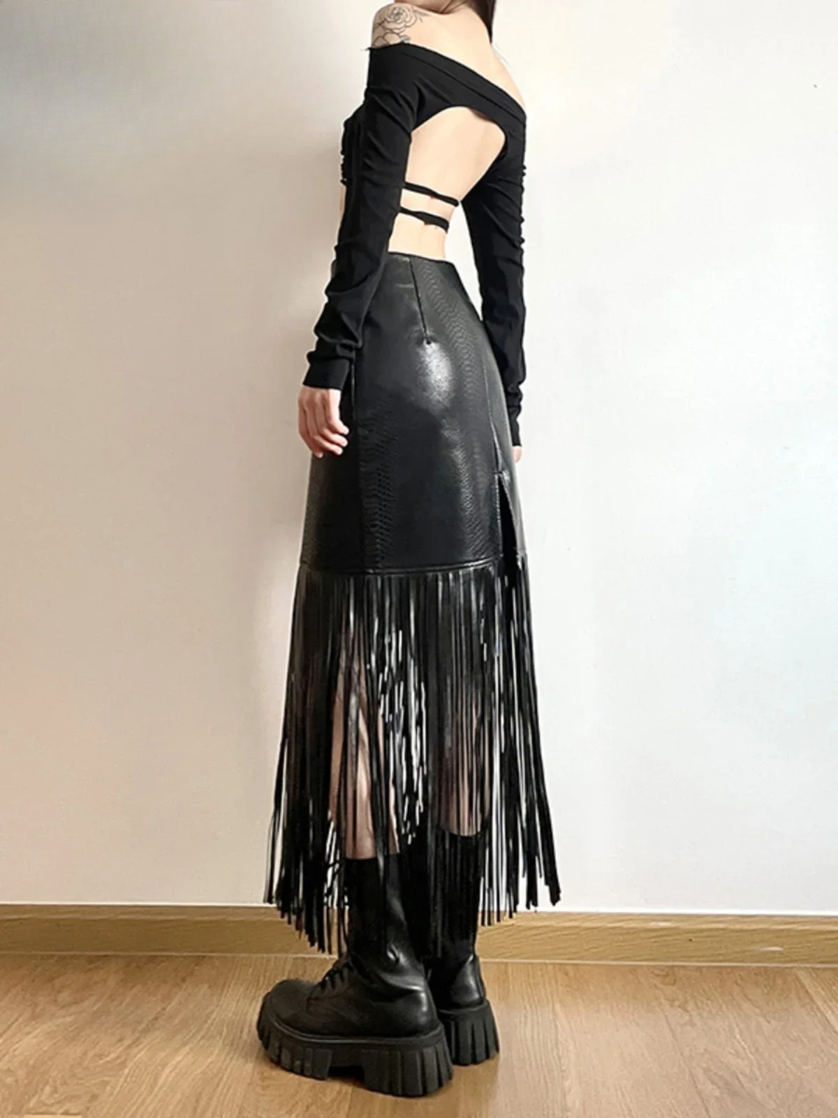 American Hot Girl Fringed Splicing Midi Leather Skirt 2024 Winter New Streetwear High Waist Slim Hip-Wrapped PU Skirts Female