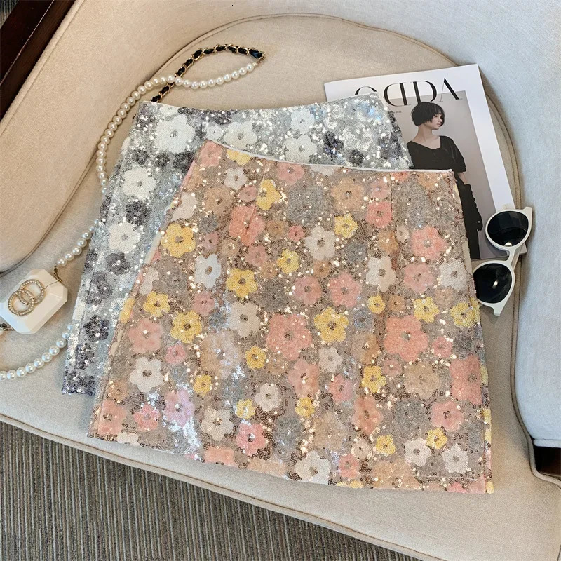 Skirt Westernstyle highend waist slim antiexposure summer and autumn heavy industry silver sequined flower temperament skirt 250311
