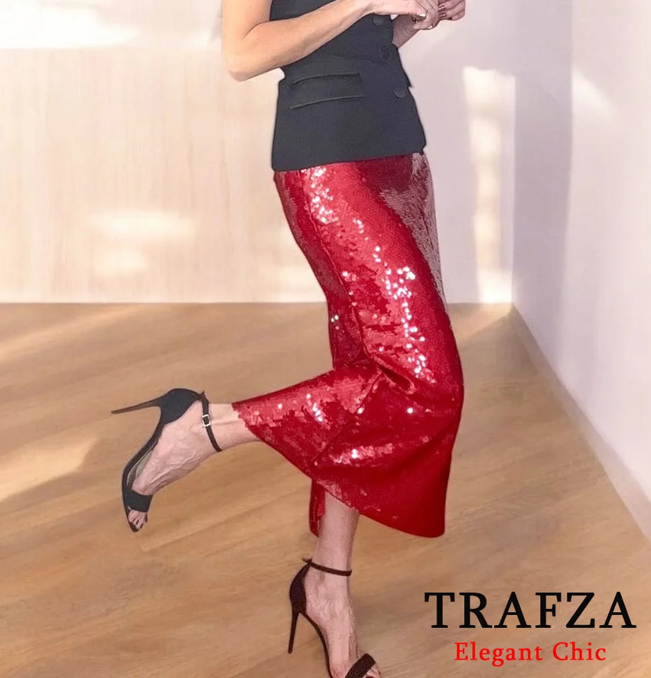 TRAFZA Women Elegant Red Sequined Midi Skirt Hip Wrap Slim Spring Summer High Street Party Date Holiday 250311