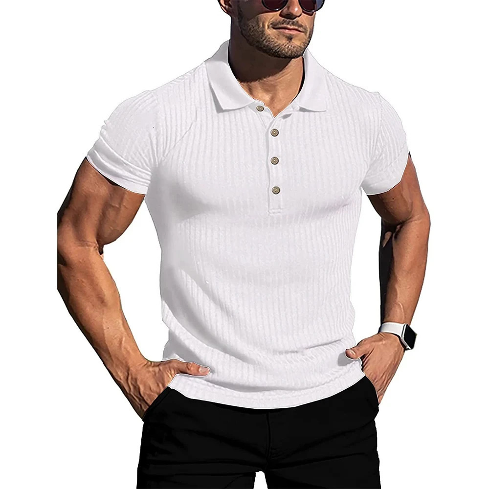 mens elastic short sleeved polo shirt solid color striped fitness collar summer anti pilling 250312