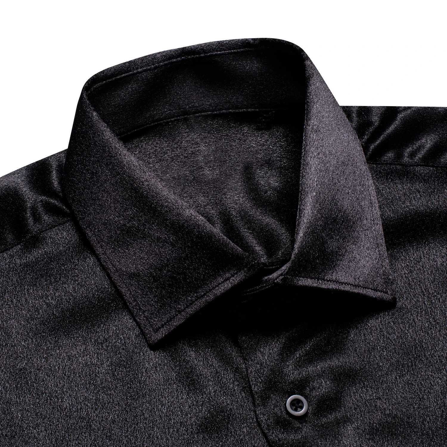 Hi Tie black solid mens long sleeved satin silk dress casual formal business shirt luxurious design mens clothing W250312