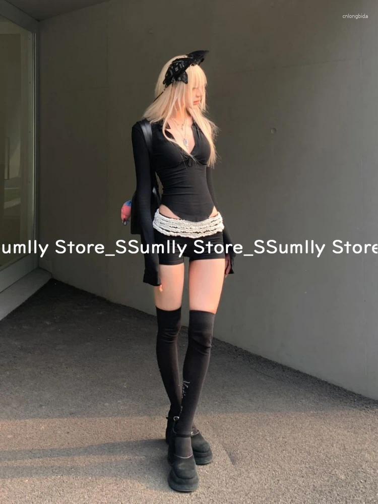 Women's Tracksuits 2025 Summer Korean V-neck Shorts Suit Y2k Slim Long Sleeved Tops Patchwork Pleated Fashion Design 2-piece Set Women