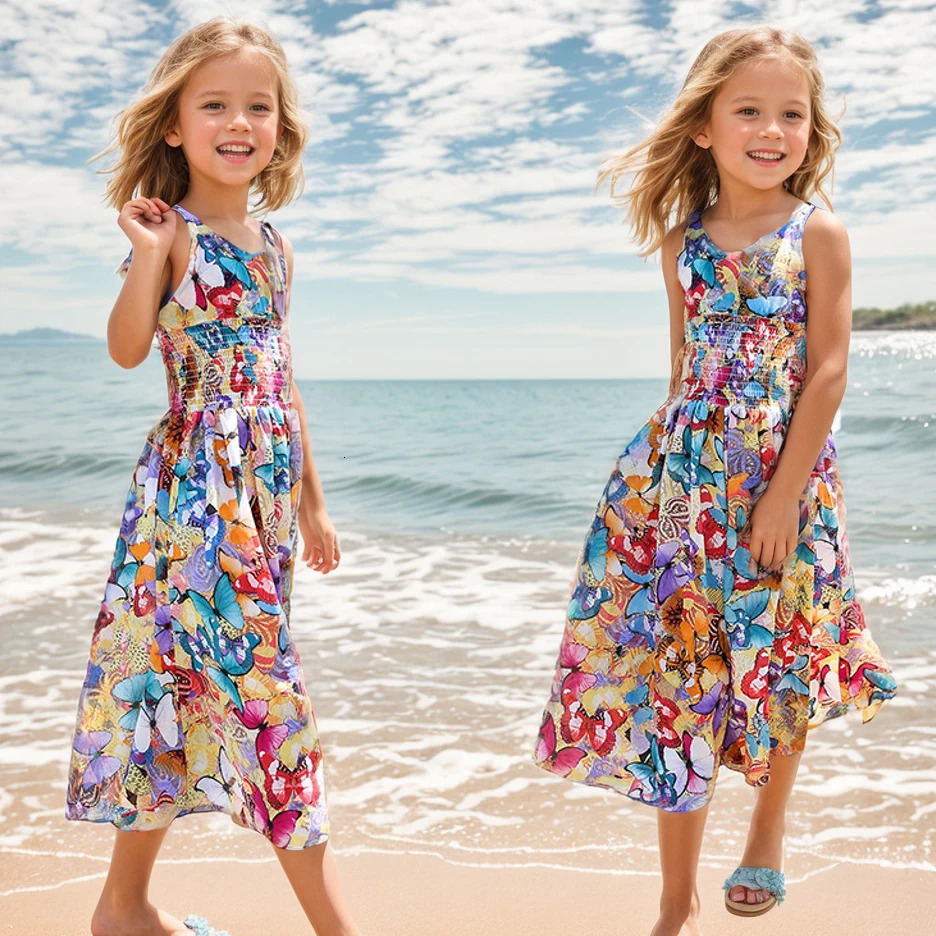 Girls Flower Bohemian Summer Dress ChildKids Girl Beach Dresses Chiffon Dresses Floral Teenager Girls Clothes 6 8 10 12 14 Year 250311