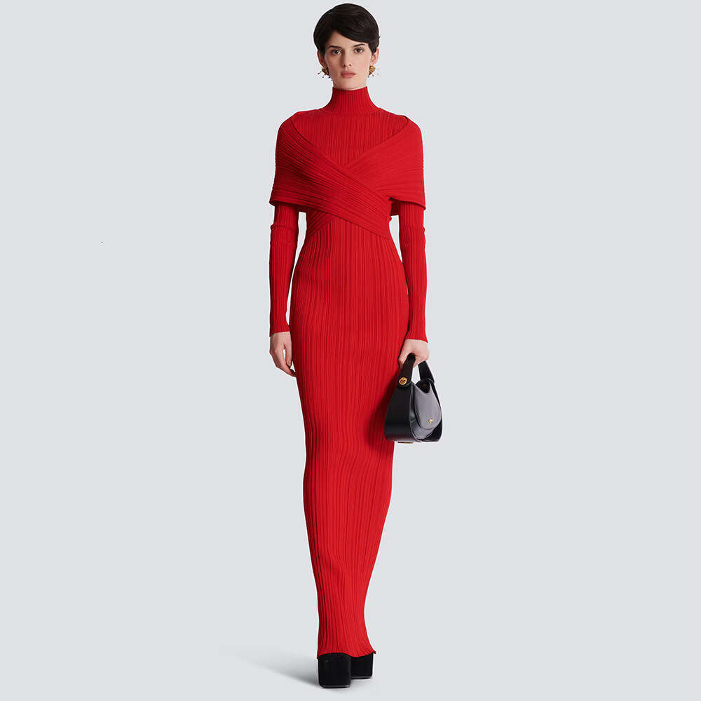 Spring Women's New High-End Red Sleeved Cross Knitted Jacquard Bandage Dress With High Neck Long Skirt