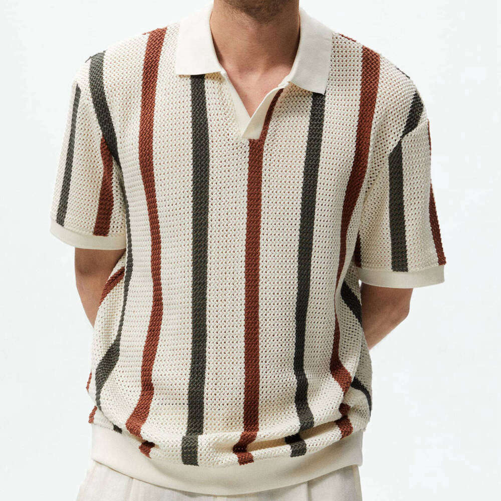 Men's European and American style coarse needle hollow knitted sweater with striped contrasting color woolen casual polo shirt sy0213 2025 temper