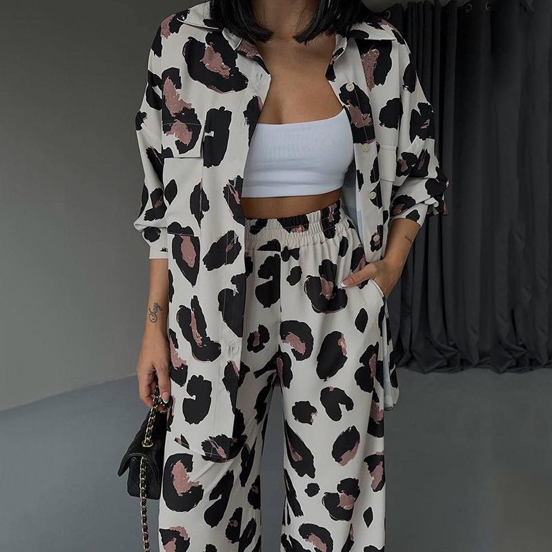 Elegant Womens Sets Woman 2Piece Trouser Sets Fashion Leopard Outfits Tank Tops and Wide Leg Pant Suits Oversize