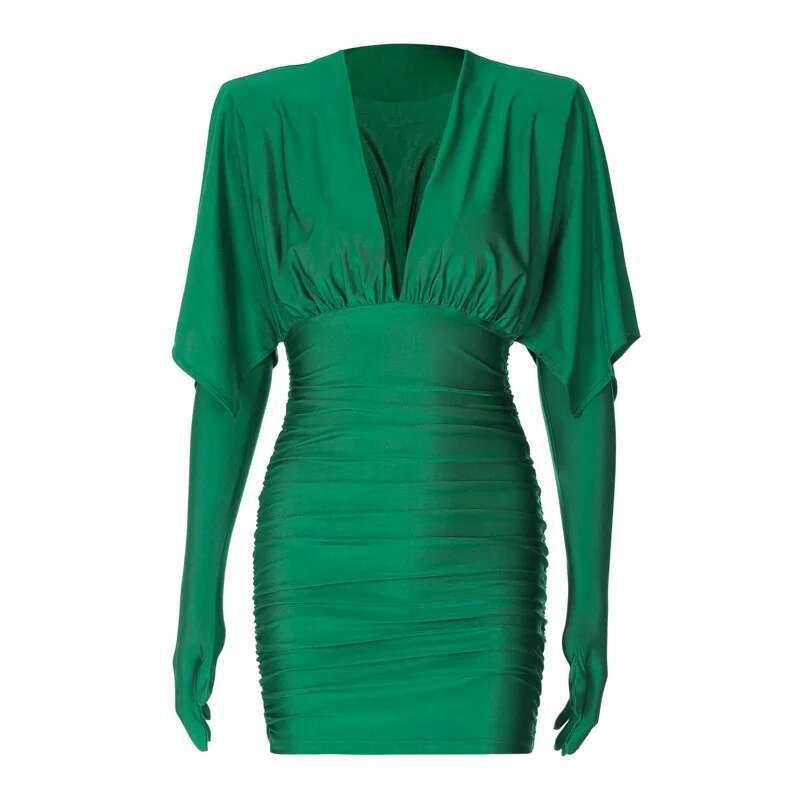 2025 New Spring Fashion Sexy V Neck Bodycon Mini Dress For Women Elegant Gown Party Club Outfits Draped Gloves Dresses Clothes