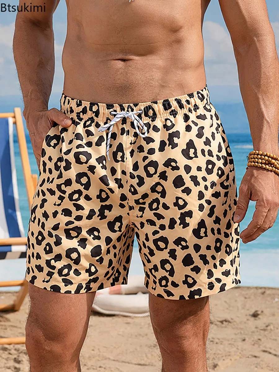 Summer Leopard Print Beach Shorts for Men Loose Casual Pocket Drawstring Beach Sport Pants Men Quick-Drying Washable Swim Briefs 250310