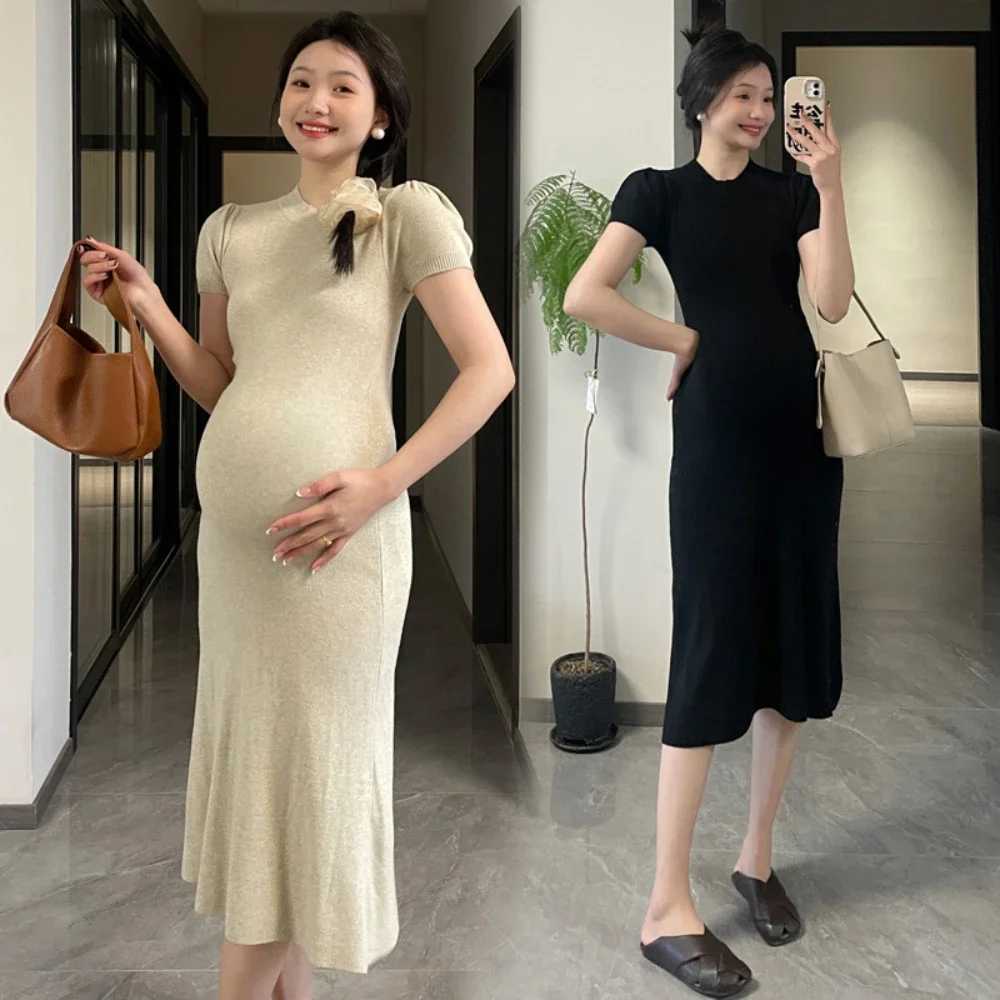 2024 New Maternity Clothes Summer French Style Bubble Sleeve Knitted Pregnancy Dresses Simple and Versatile Pregnancy DressT250311