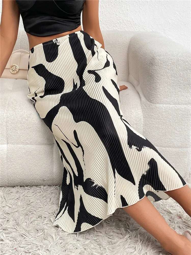 Dr Casual Graphic Print Pleated Long Skirts Women Autumn Fashion Elastic High Waist Geometry Midi Skirt Streetwear 2023