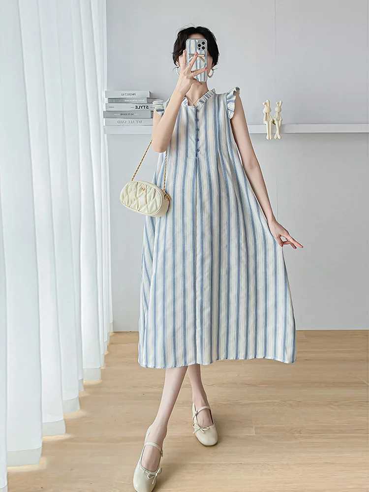 Pregnant Womens Dress Summer Drawstring O-neck Short Sleeved Printing Maternity Beach Dresses for HolidayT250311