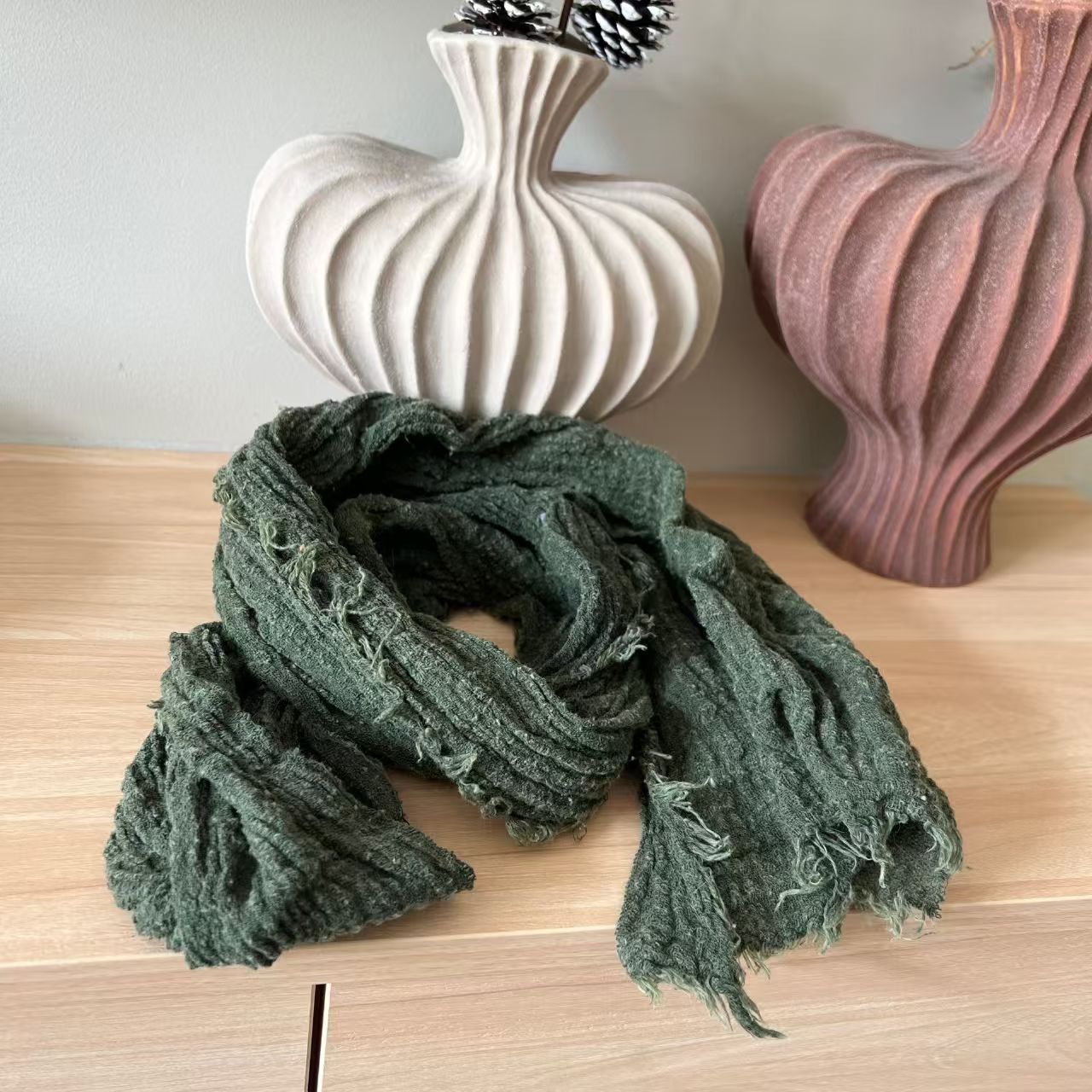 T272 solid color pleated linen scarf 2025 spring fashion all-match retro simple old