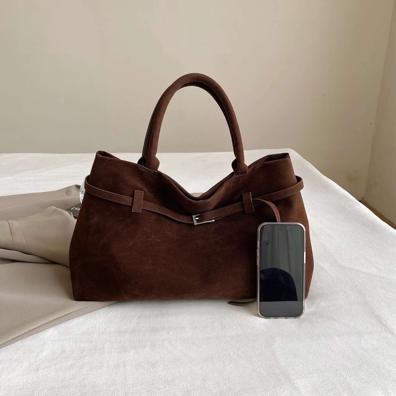 Retro Suede Leather Tote For Women, Large Capacity Commuting And Work Shoulder Bag, Underarm Bag