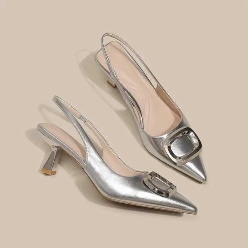 Wens Summer New New High-Heeled Pointed Metal Decorative Baotou Slip-Up Slippers Fashion Temperament Hot Stiletto Sandals Z250311