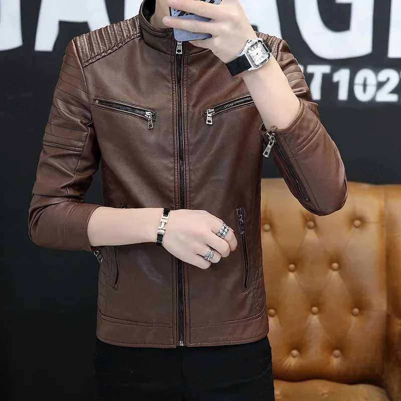 2024 Solid Color Cross-border Leather Jacket For Men Trendy Motorcycle Vest Windproof Slimming Smooths Your SilhouetteT250311