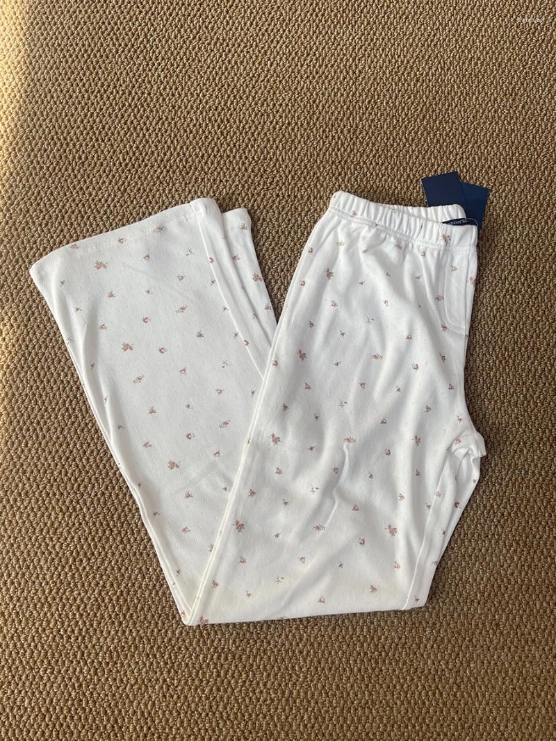 Womens Tracksuits Red Floral Eyelet T-shirt Pant Pajama Set Woman Buttons Long Sleeve Tee Elastic Waist Straight Trousers Cotton Home 2