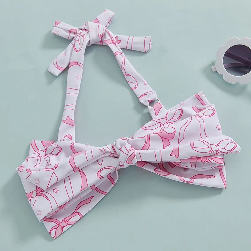 Suefunskry Kids Girls 2 Piece Swimsuits Summer Bow Print Halter Neck Bikini Tops and Elastic Shorts Set Bikini Bathing Suits 250311