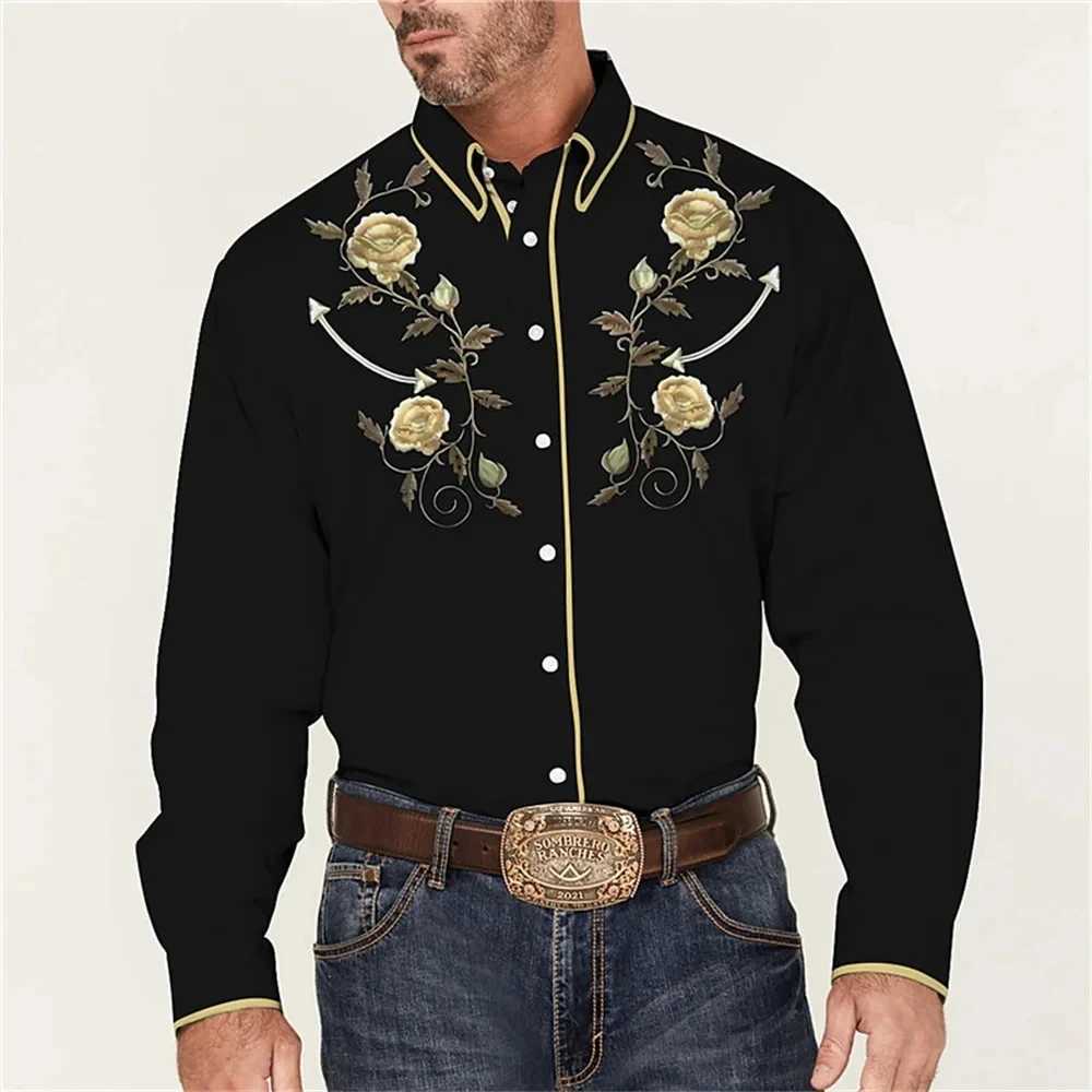 Retro Western style mens shirt 3D printed black outdoor street button long sleeved fashionable casual designer shirt W250312