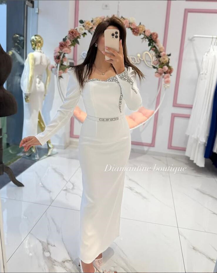 White Saudi Dubai Evening Formal Dresses Customsized Crystal Beaded Long Sleeve Sheath Arabic Bride Wear Prom Gown 2025