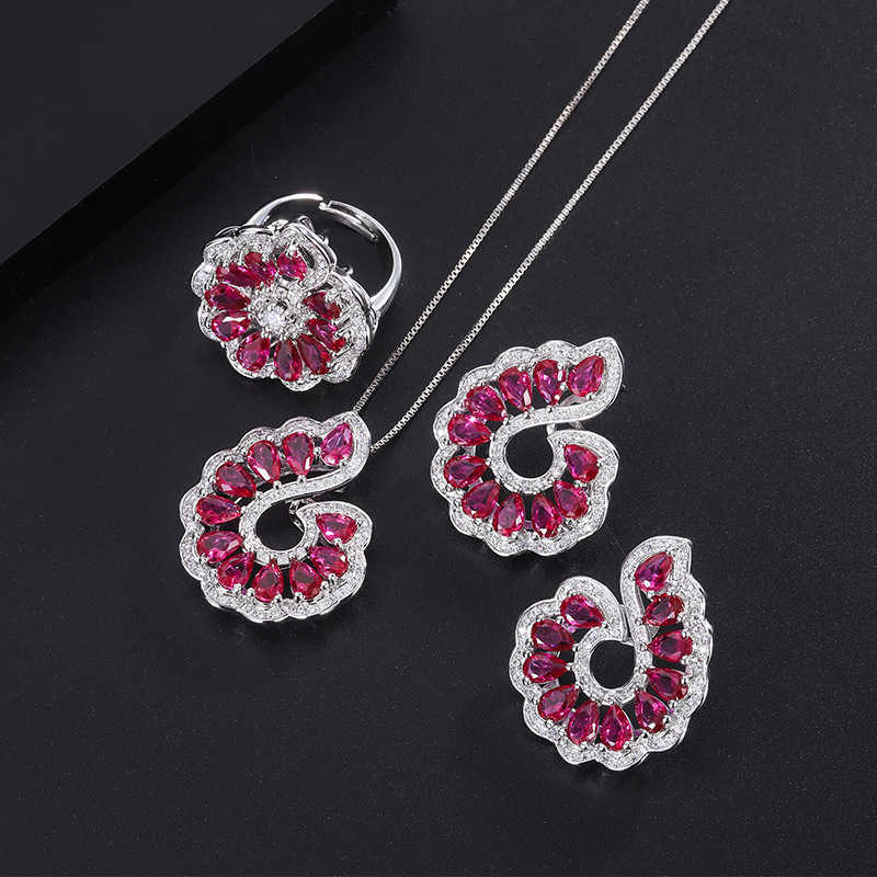 Tiktok Live S925 Silver Needle Pigeon like Blood Red Corundum Earrings Ring Pendant Set Female W250312