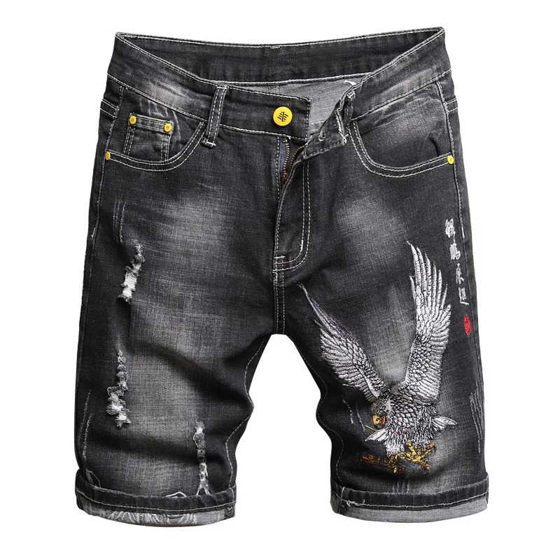 Summer fashion mens denim shorts with Chinese style y classic black stretch slim fit casual trend street clothing 250312