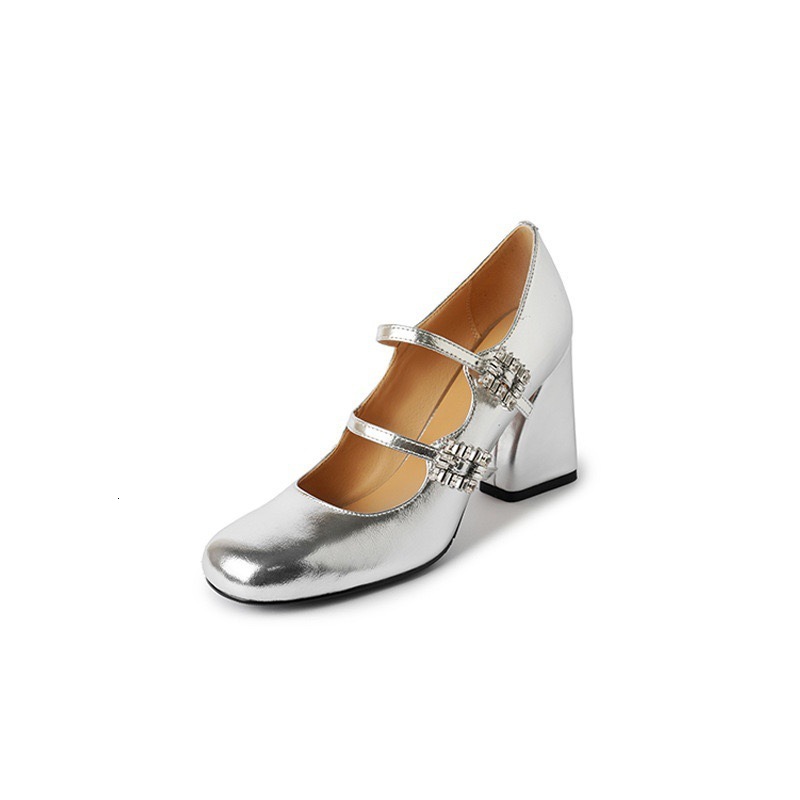 French style rhinestone thick Mary Jane shoes, silver high heels, shallow mouth square toe, one line buckle, matching skirt, single shoe for women #dd